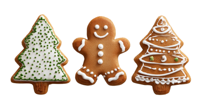 Gingerbread man and decorated christmas tree cookies with white and green icing, celebrating winter holidays and festive season, isolated on a transparent background, png