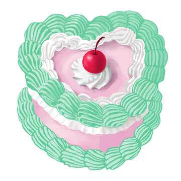 pink and green cream cherry heart cake handdrawn illustration