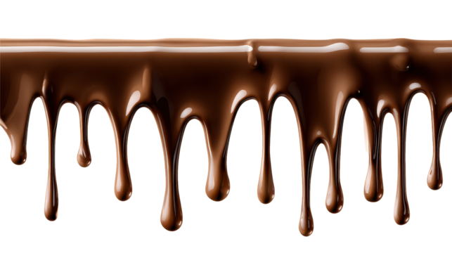 Melted chocolate flowing and dripping down, creating luscious, glossy streams and drops, providing a rich brown dessert texture against a transparent background, png
