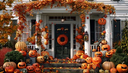 Cozy halloween porch decorated with pumpkins, lanterns, and autumn leaves for spooky vibes