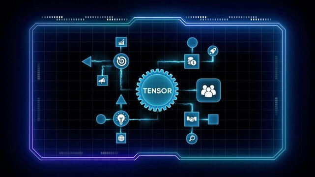 Futuristic Holographic Interface Displaying a Central Gear Labeled TENSOR with Connected Icons technology