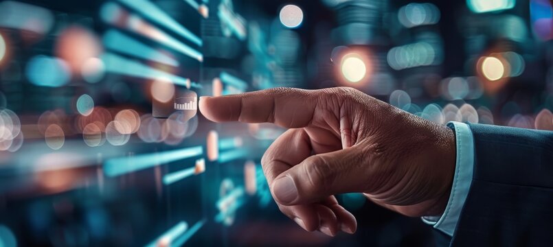 Business success presentation  professional man showcases charts and graphs on digital screen - Powered by Adobe