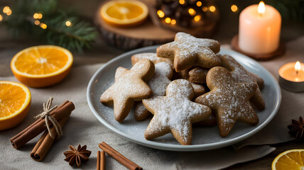 Close-up shot of gingerbread men cookies dusted with powdered sugar, set against festive background with lit candles, oranges, and cinnamon.