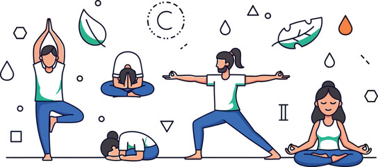 Diverse people practicing yoga poses for health and mindfulness