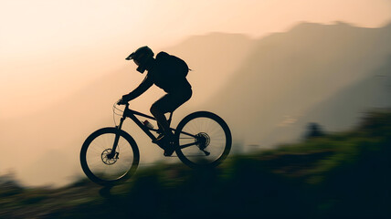 Naklejka premium Silhouette of a mountain biker riding downhill against golden, hazy sunset or sunrise.