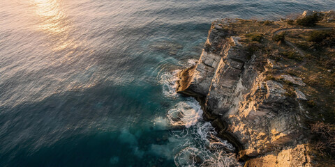 Aerial view of rocky sea cliff at sunset or sunrise, with waves crashing against the base and sunlit water.