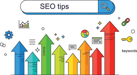 Digital marketing growth chart with SEO tips and upward arrows