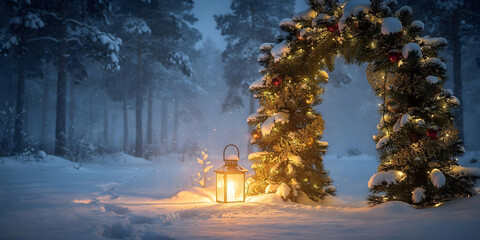 Naklejka premium Festive Christmas arch made of fir branches with string lights, and a lantern with a candle in a snowy night forest.