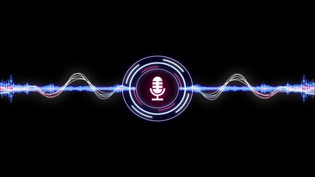 Neon Microphone Icon with Sound Waves and Language Labels symbol audio