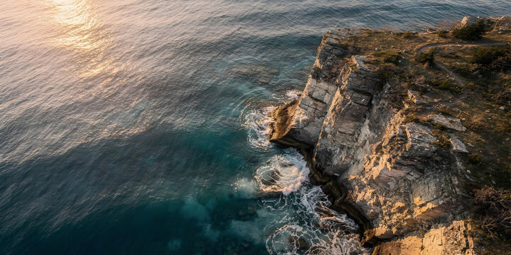 Aerial view of rocky sea cliff at sunset or sunrise, with waves crashing against the base and sunlit water.