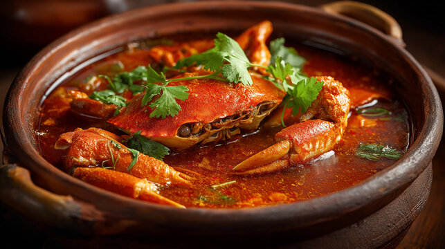 Spicy crab curry in clay pot, rich red gravy, coriander garnish, authentic Indian coastal style