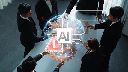 A business team collaborates on an artificial intelligence project, using digital interfaces and gears to symbolize technology and innovation in a modern office environment. Raster - Powered by Adobe