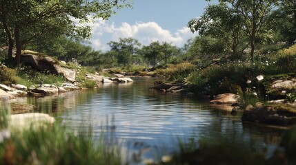 Fototapeta premium A calm stream flows through a picturesque landscape filled with vibrant plants and trees. The serene stream reflects the morning light, creating a beautiful natural scene.