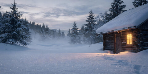 Cozy winter landscape featuring an old log cabin, illuminated from the window, in a snowy clearing surrounded by a coniferous forest.
