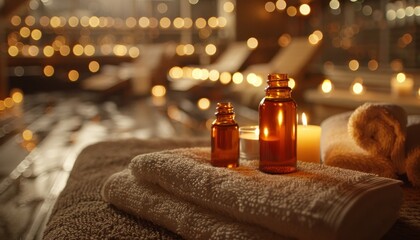 Tranquil spa scene featuring soft towels, candles, and essential oils for ultimate relaxation
