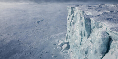 A colossal blue/white glacial cliff (iceberg or edge of a glacier) with cracks, towering over a vast, cracked icy plain or frozen sea.