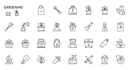Gardening tools and plants vector linear icons set, depicting diverse aspects of horticulture and landscaping essentials for garden maintenance and cultivation