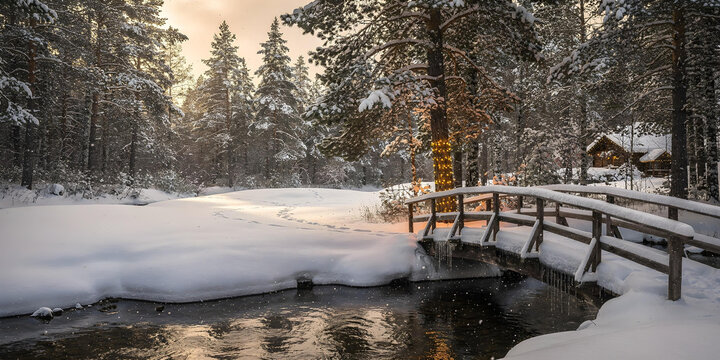 Idyllic winter scene: a wooden footbridge over a freezing stream in a snowy forest, with a pine tree decorated with string lights. - Powered by Adobe