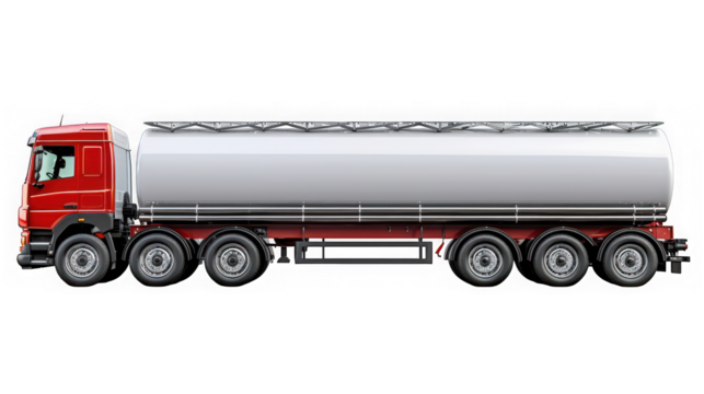 A red and silver tanker truck with multiple axles for transporting liquids isolated on transparent background - Powered by Adobe