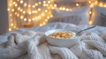 Romantic breakfast in bed  a cozy morning experience for couples with soft light and warm tones