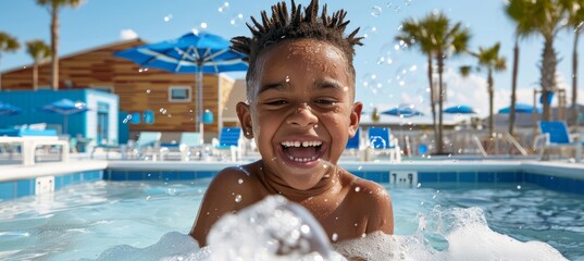 Joyful child playing with bubbles in a colorful park on a bright summer day   lifestyle capture