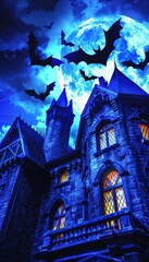 Eerie vampire castle on halloween night with bats and glowing windows in gothic dark fantasy setting