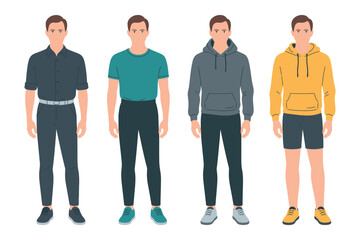 Four men stand side-by-side displaying different casual and formal attire for various occasions.