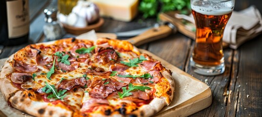 Savor the flavor of homemade pizza with fresh toppings on a rustic wooden board and table