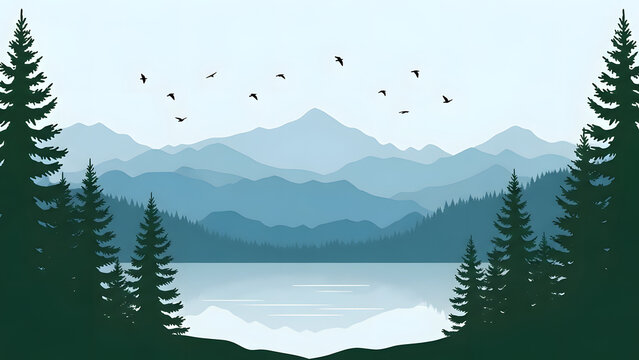 Serene mountain landscape with reflecting lake and silhouette evergreen trees under a cloudy sky - Powered by Adobe
