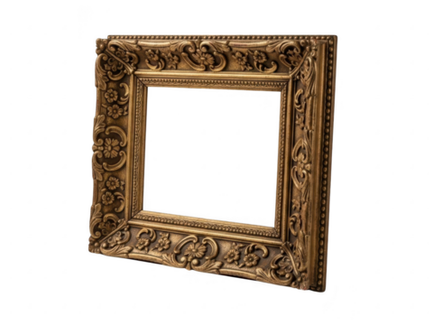Ornate antique gold picture frame with detailed baroque carving, isolated on transparent background, perfect for displaying artwork or mirror