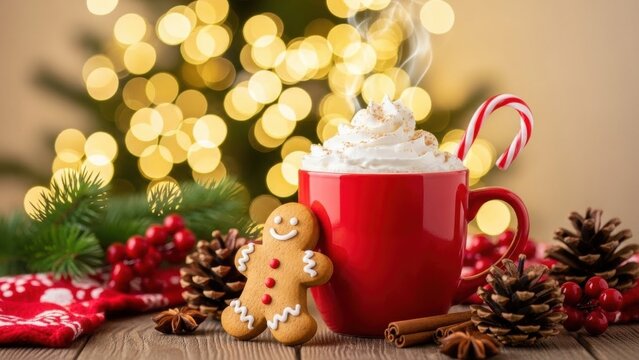 Cozy red mug of hot chocolate topped with whipped cream and a candy cane next to a gingerbread man