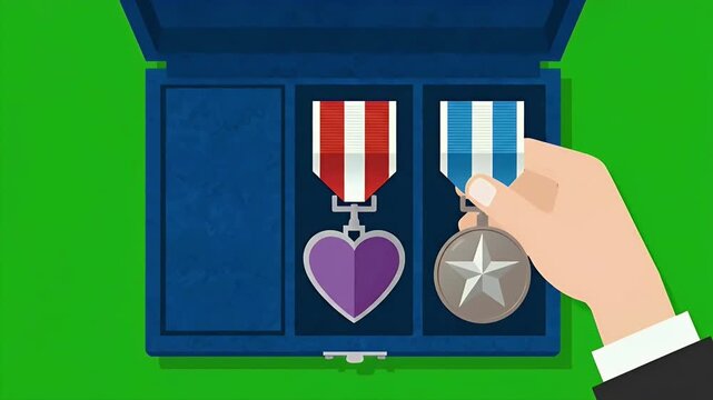 Hands Presenting Military Medals In Blue Case.