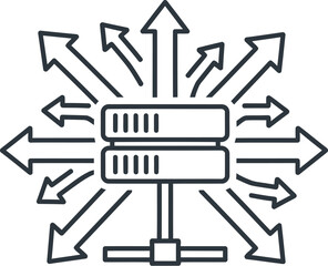 Server hub with multiple outgoing arrows symbolizing data distribution and network connectivity.