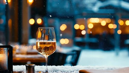 Wine glass in winter evening scene with falling snowflakes and warm bokeh lights - Powered by Adobe
