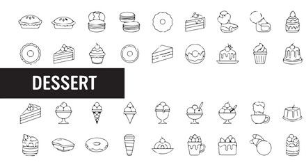 Variety of dessert line art including pies, cakes, ice cream, donuts, macarons and puddings on white background