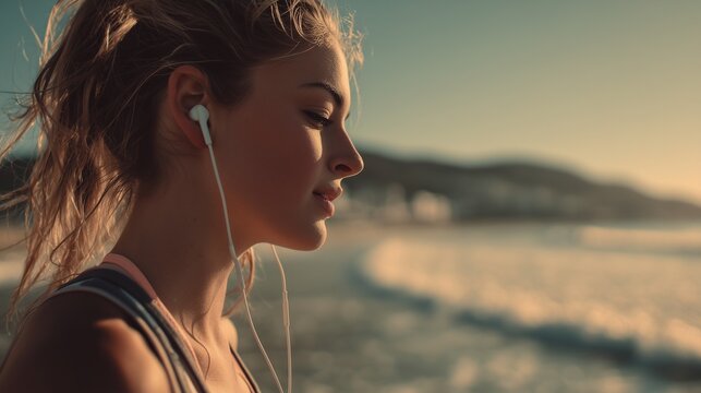 A young woman jogs along the beach, wearing headphones that connect her to music and enhancing her experience. The soft waves crash nearby as she enjoys the peaceful ocean ambiance
