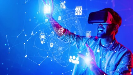 A man joyfully interacts with virtual reality using a VR headset, surrounded by digital elements and data visualization, capturing the essence of modern technology and user engagement. Raster - Powered by Adobe