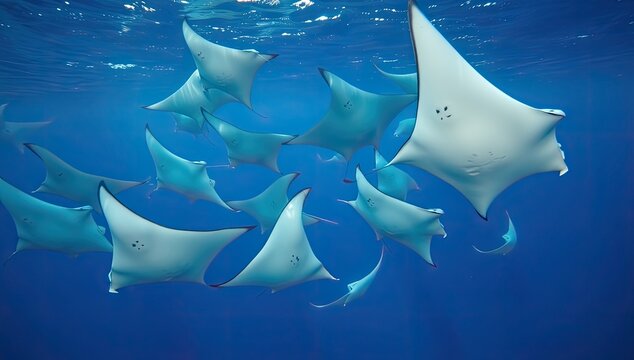 A group of manta rays swim together underwater