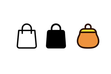 Shopping bag and coin purse icons in outline and solid styles for commerce design