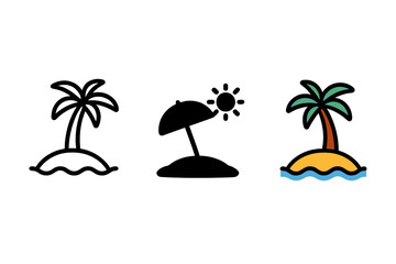 Tropical island set featuring palm trees and beach umbrellas in outline and color styles