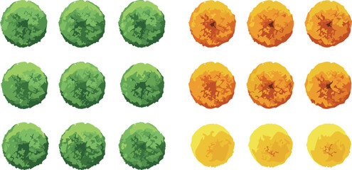 Top View Tree and Flower Vector Illustration Set, Isolated Green Foliage and Blooming Orange Floral Design Elements for Architectural Landscape Plans, CAD, and Environmental Graphics.