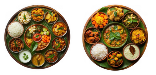 Two oval shaped indian thali platters filled with various colorful dishes and rice isolated on transparent background