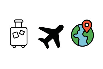 Travel and tourism symbols including luggage, airplane, and worldwide location pins
