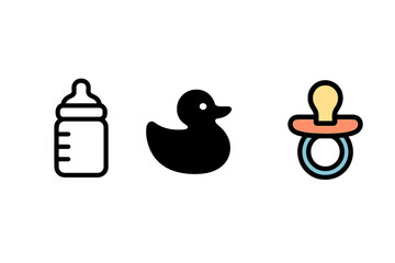 Essential baby care items: feeding bottle, rubber duck, and pacifier symbols