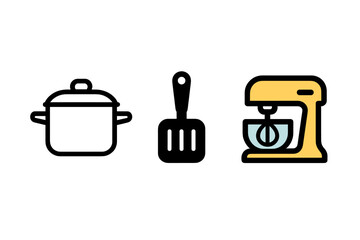 Essential kitchen tools and appliances set including pot, spatula, and stand mixer