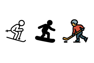 Minimalist set of winter sports activities including skiing snowboarding and ice hockey