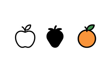 Collection of three fruit icons in different styles: line art, solid silhouette, and colored graphic