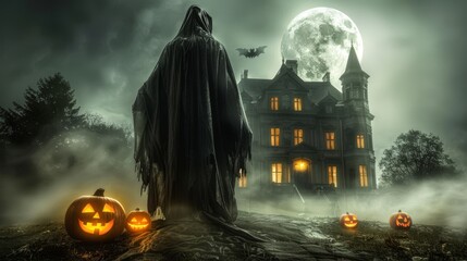 Haunted hilltop house under a full moon with glowing jack o  lanterns and creepy fog