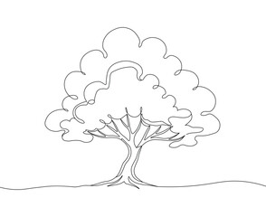 Simple black and white outline drawing of a deciduous tree with a full canopy, isolated on for coloring or design