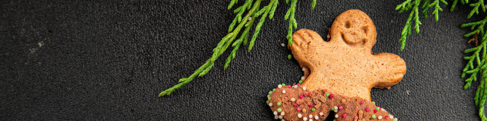 Gingerbread man cookies Christmas sweet dessert new year Christmas background tasty snack fresh delicious gourmet food background on the table rustic top view copy space